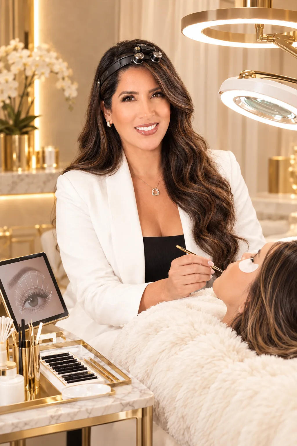 Myra applying lash extensions with eye-mapping and magnification