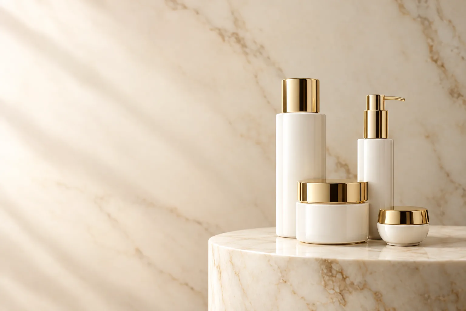 lash and brow care bottles with gold caps on cream marble