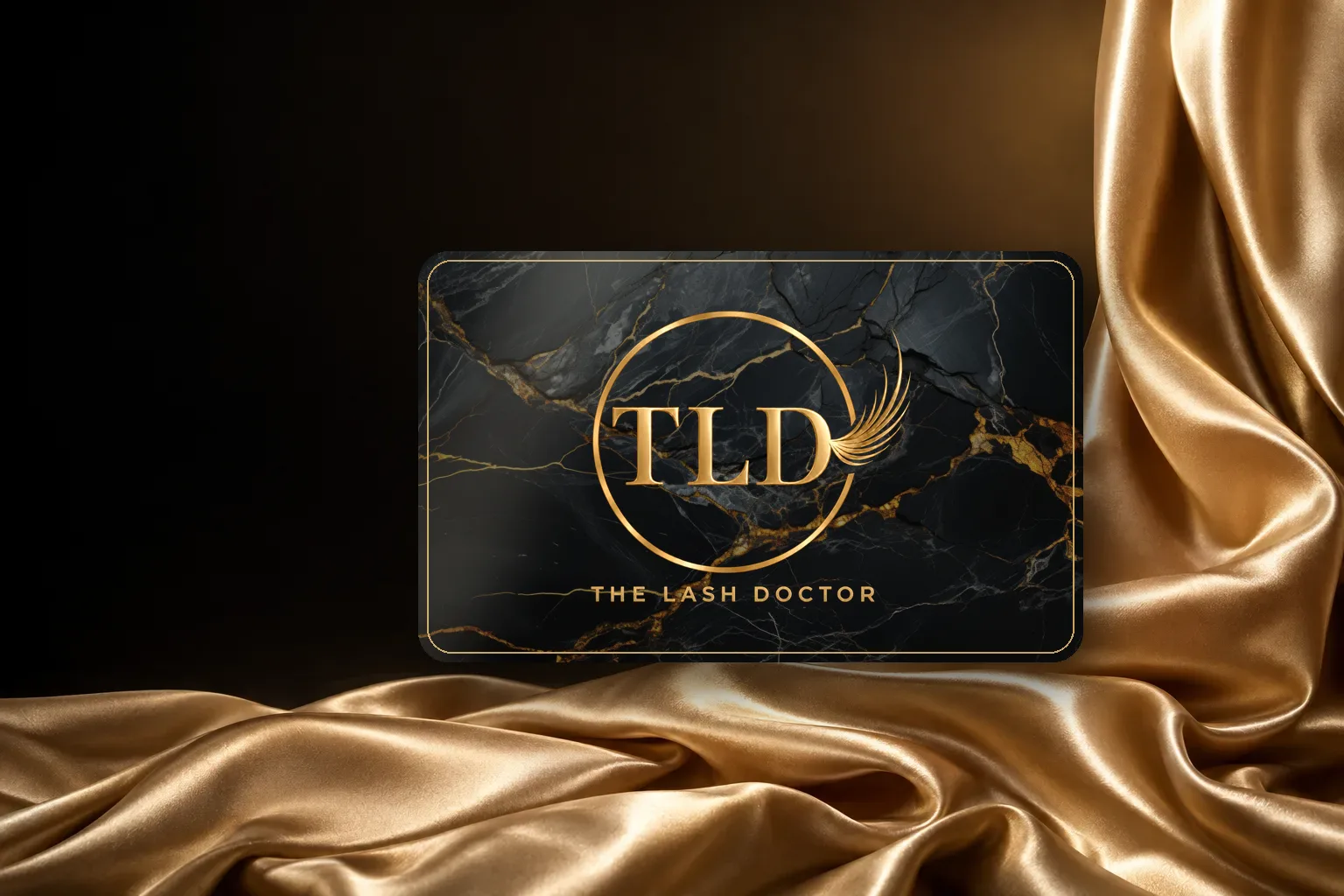 The Lash Doctor membership card on gold silk